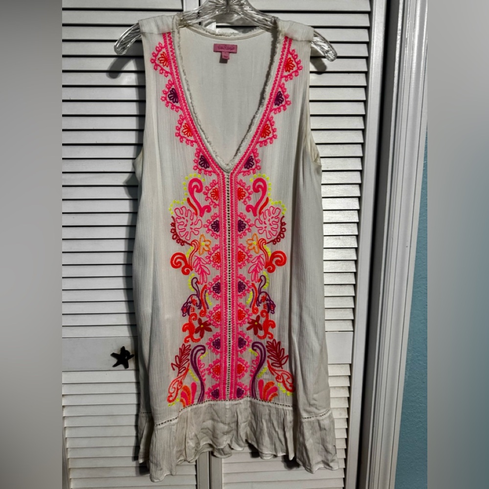 Embroidered Sleeveless Dress with Pink and Orange Accents